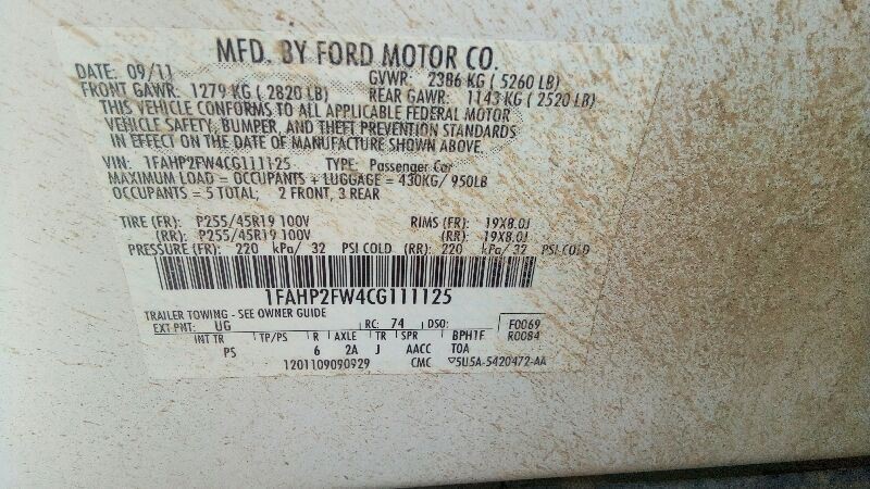 Automatic Transmission 6 Speed from 2012 Ford TAURUS 3.5L FWD 5171763