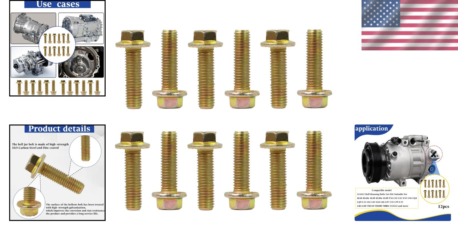 Gearbox Bell Housing Bolts Set 12 Pcs M12x1.25 Zinc-Coated Carbon Steel High …