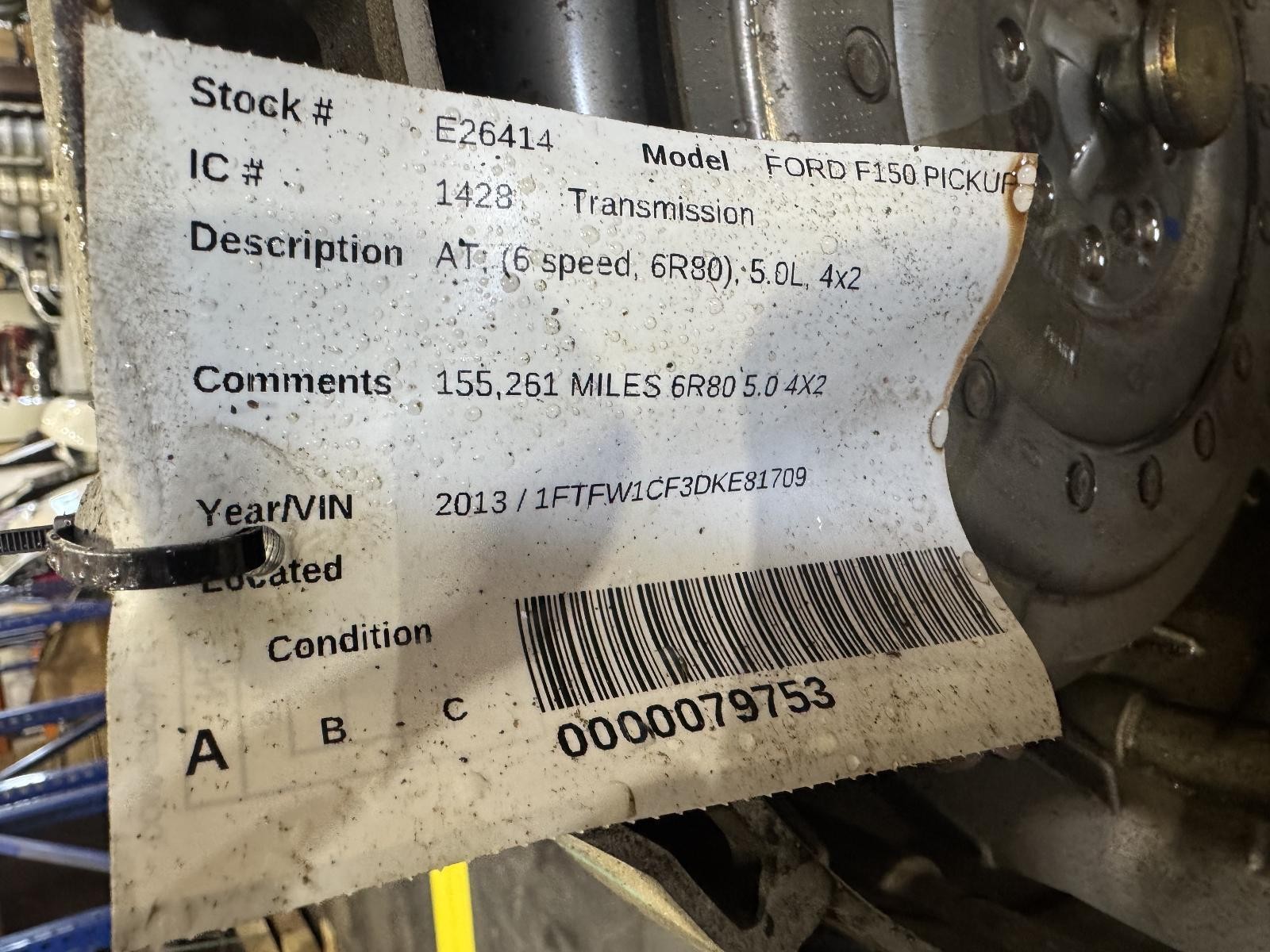 2011-2014 FORD F150 TRANSMISSION AT 6 SPEED 6R80 5.0L 4X2 155K MILES