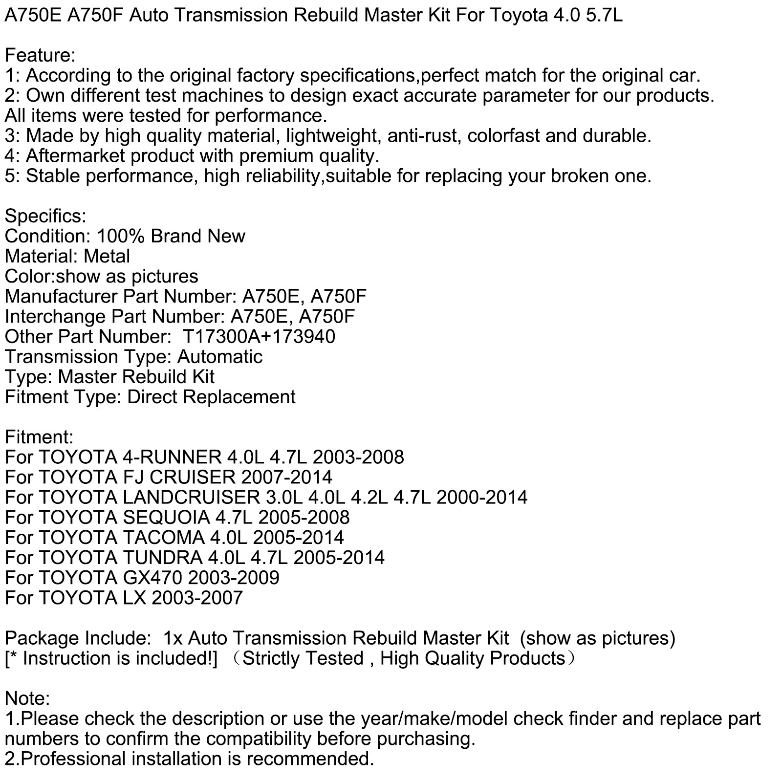 A750E A750F Auto Transmission Rebuild Master Kit For Toyota 4.0 5.7L