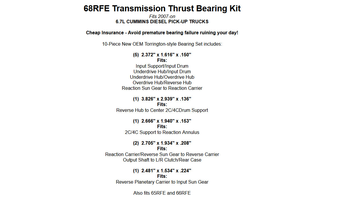 68RFE Transmission Thrust Bearing Set SBK-C18 fits Dodge Ram 6.7 Cummins Diesel