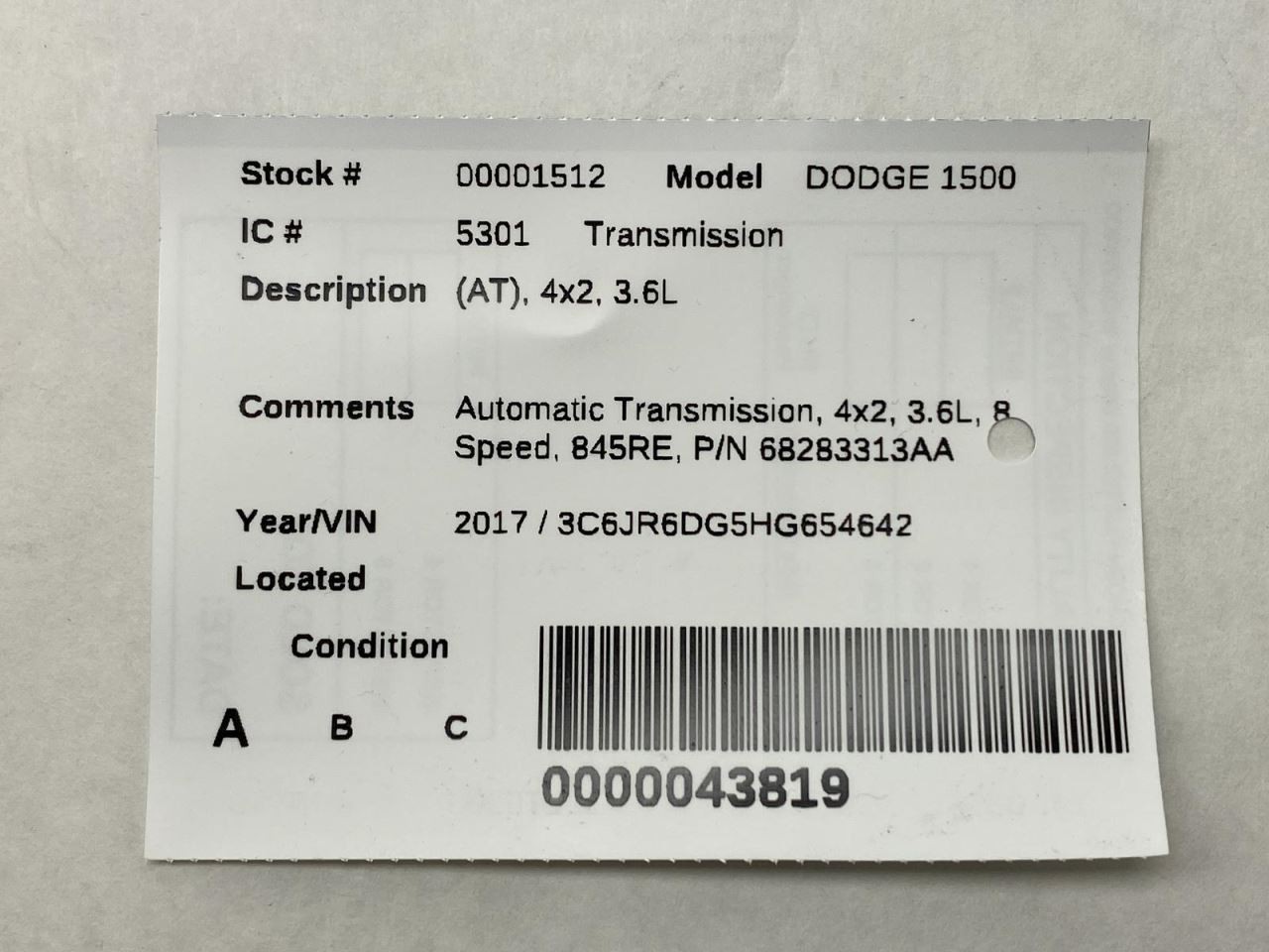 Automatic Transmission 4×2 3.6L 8 Speed Fits 2016-2020 Dodge Ram 1500 86884