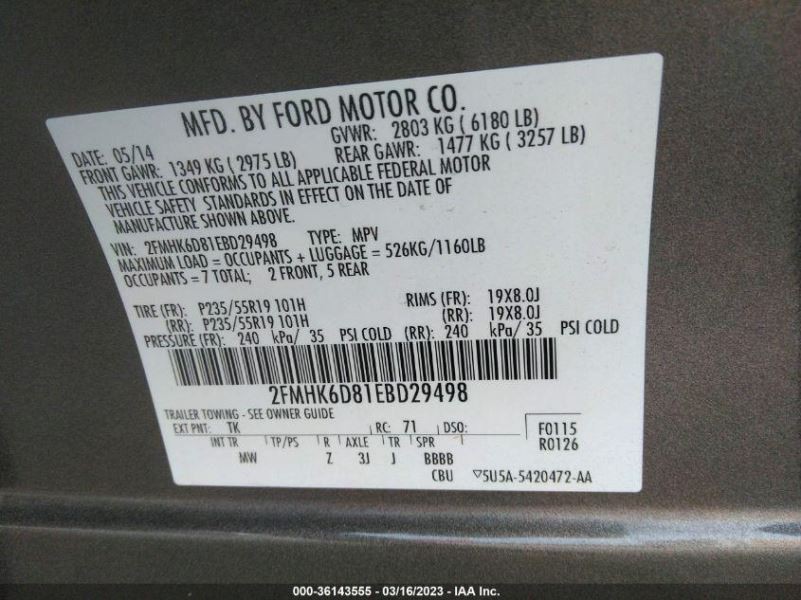 Automatic Transmission 6 Speed VIN 8 8th Digit AWD Fits 14-19 FLEX 1217106