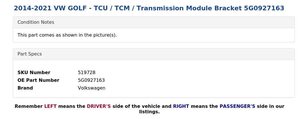 2014-2021 VW GOLF – TCU / TCM / Transmission Module Bracket 5G0927163