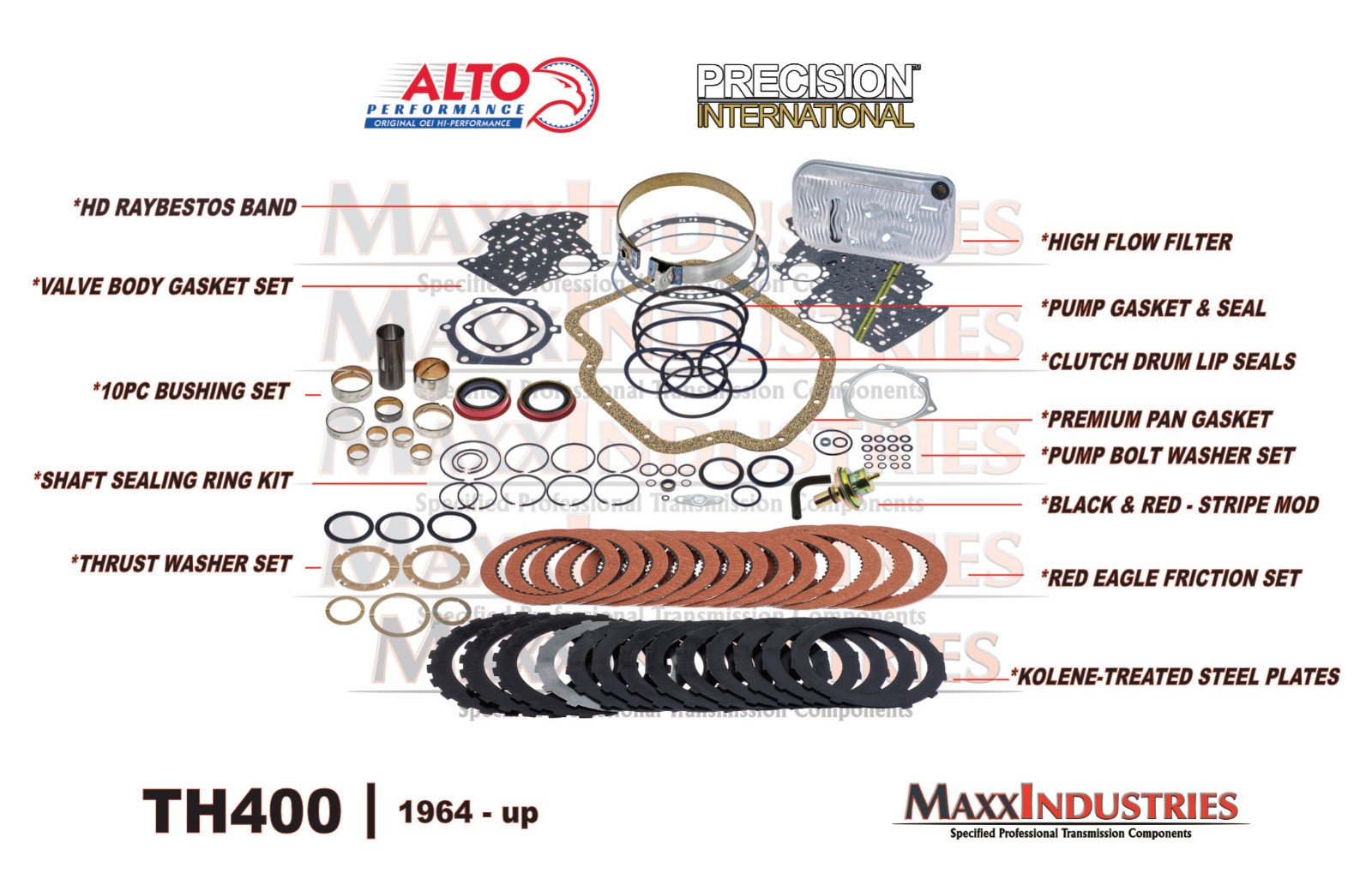 TH400 Turbo Performance Alto Red Kolene Master Rebuild Kit w/Band Bushings Mod