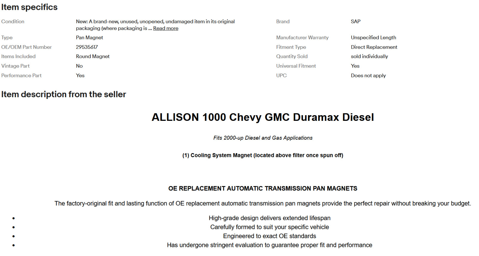 Magnet for Pan or Filter 2000-up Allison Transmission Chevy GMC Duramax Diesel
