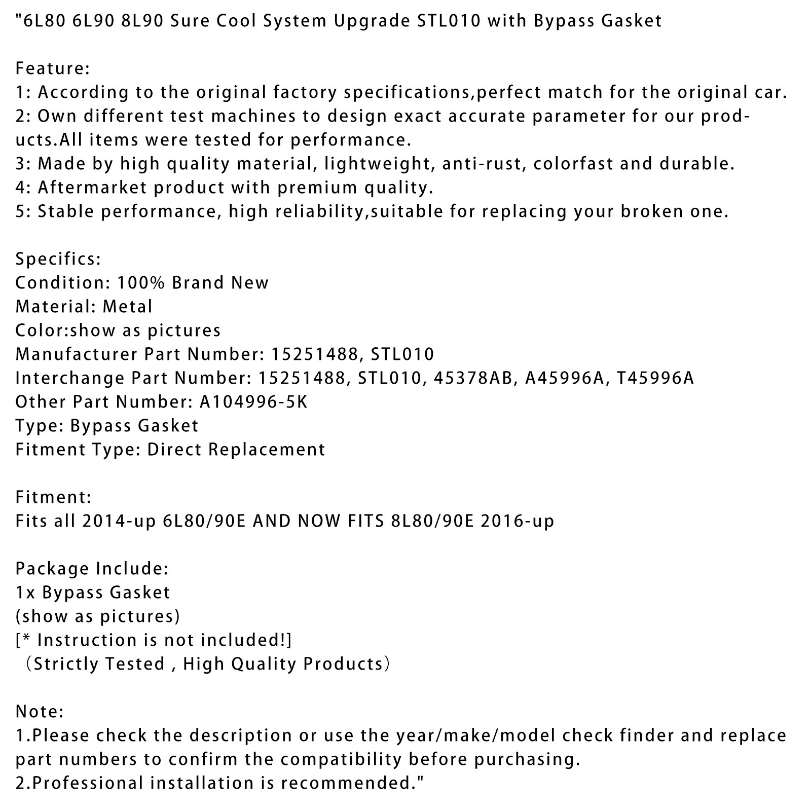 🚗6L80 6L90 8L90 Sure Cool System Upgrade STL010 with Bypass Gasket 2010-2016