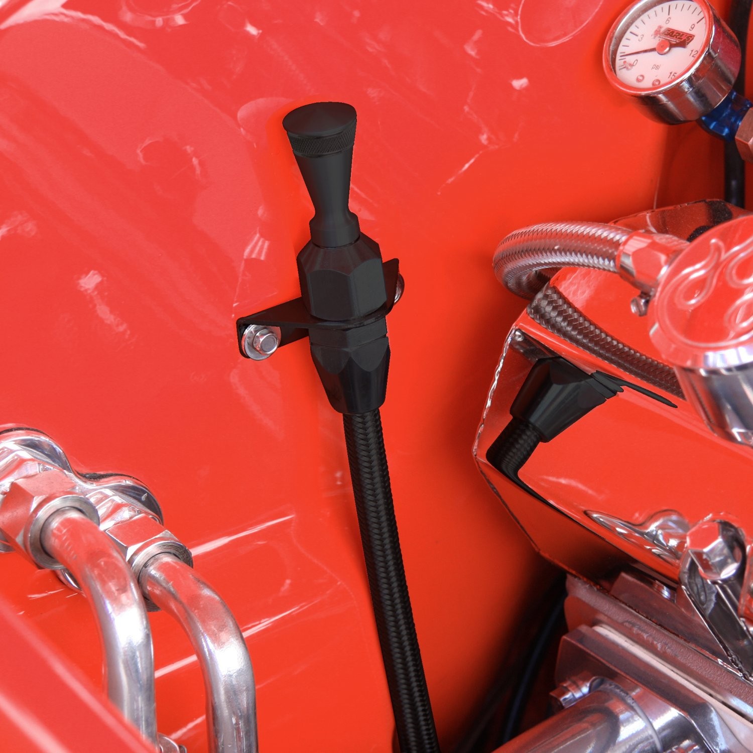 TH400 BLK Billet / SS Braid Locking Transmission Dipstick Firewall Mount
