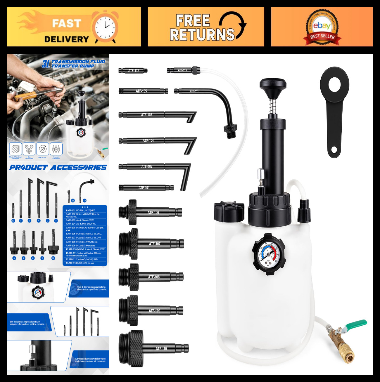 3L Transmission Fluid Transfer Pump Kit with 13 ATF Adapters for Cars, Trucks, S