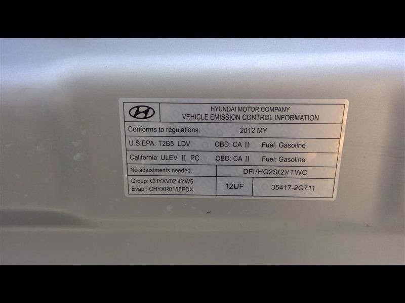 2011-2013 HYUNDAI SONATA Automatic Transmission 2.4L VIN C 8th Digit