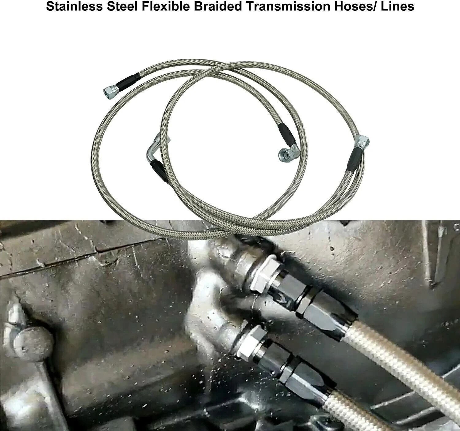 SS Braided Transmission Cooler Hose lines Fittings TH350 700R4 TH400 52″ NEW
