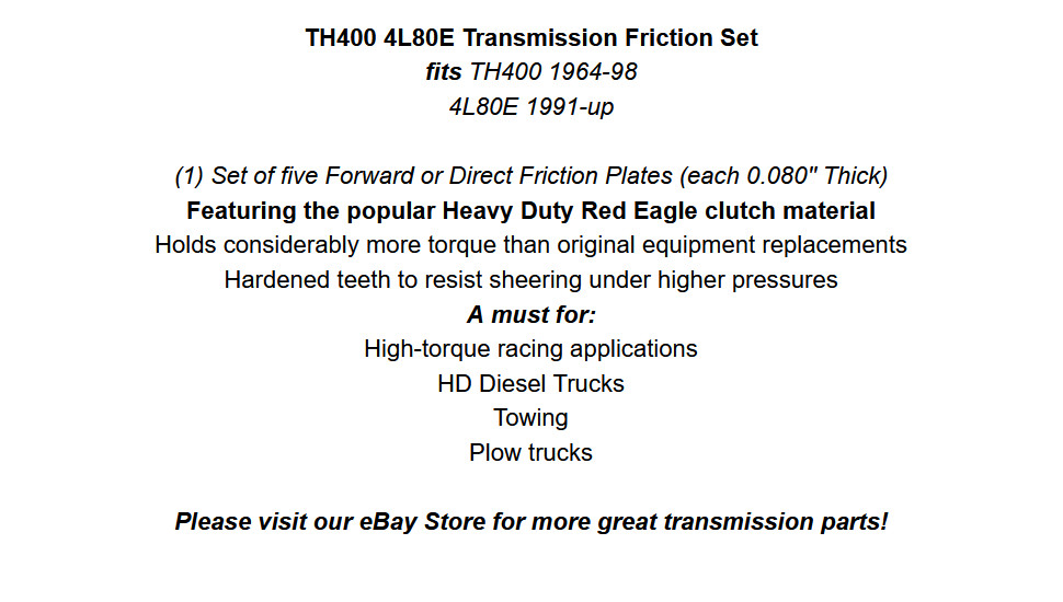 Alto TH400 4L80E Red Eagle Forward or Direct Clutch Friction Set of 5 Heavy Duty