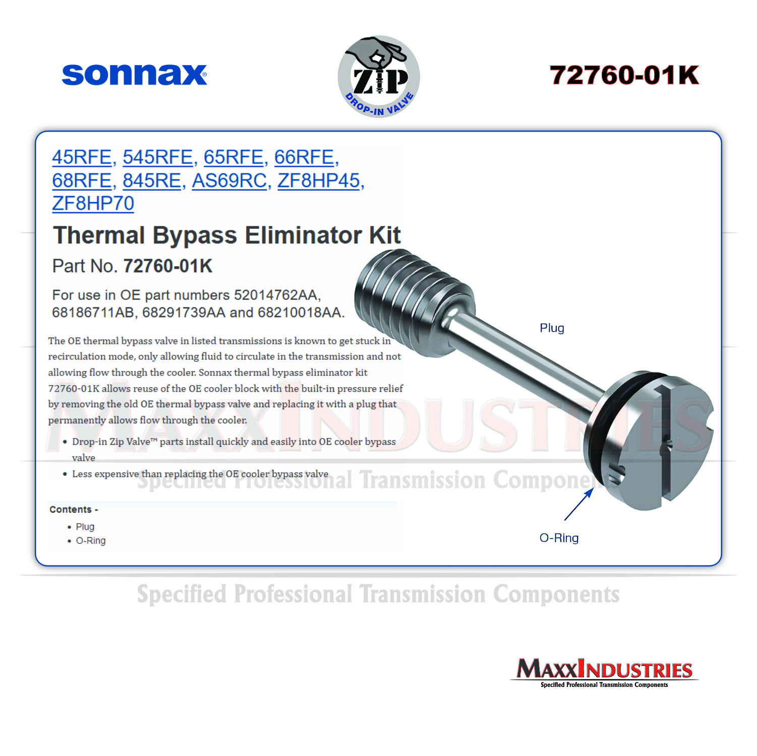 Sonnax Transmission Cooler Thermostatic Bypass Upgrade 72760-01K