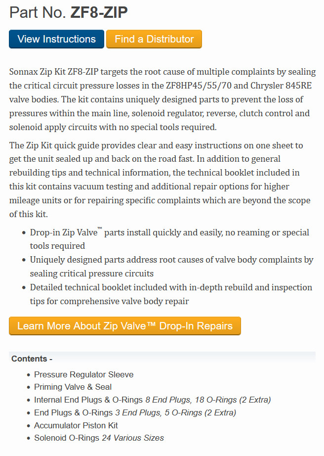 Sonnax ZF8-ZIP Zip Kit® 845RE, ZF8HP45, ZF8HP55, ZF8HP70