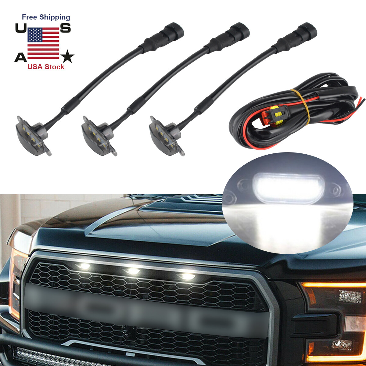 3X For Ford F-150 Raptor Front Grille Smoked Lens LED White Lamp Running Lights