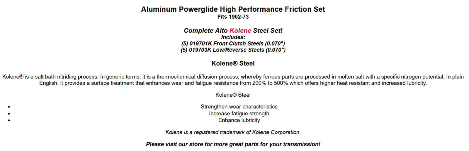 1962-73 Aluminum Powerglide Perfomance Kolene Steel Set Alto 019753HP