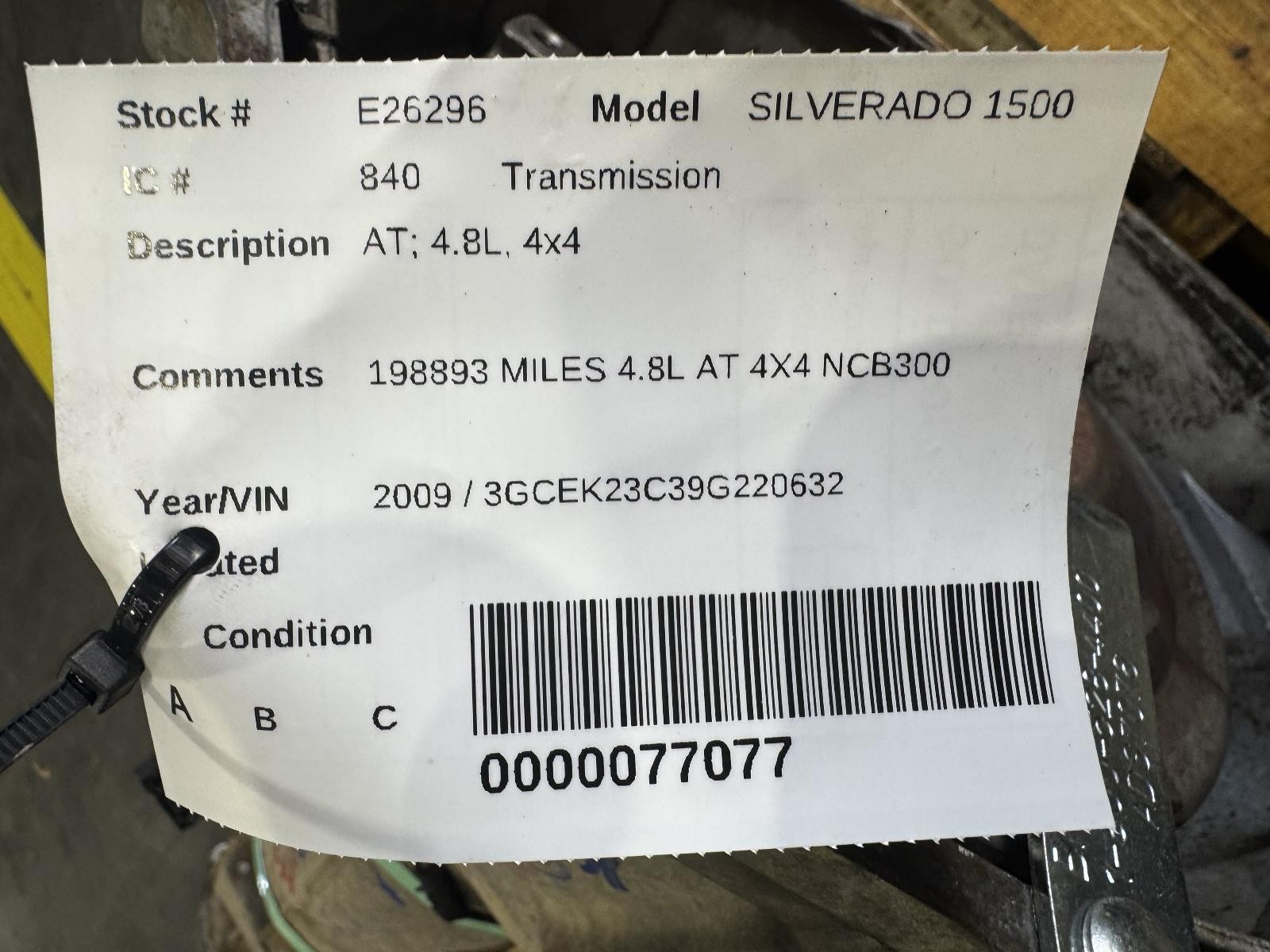 2009 CHEVROLET SILVERADO 1500 TRANSMISSION AT 4.8L 4X4 198K MILES