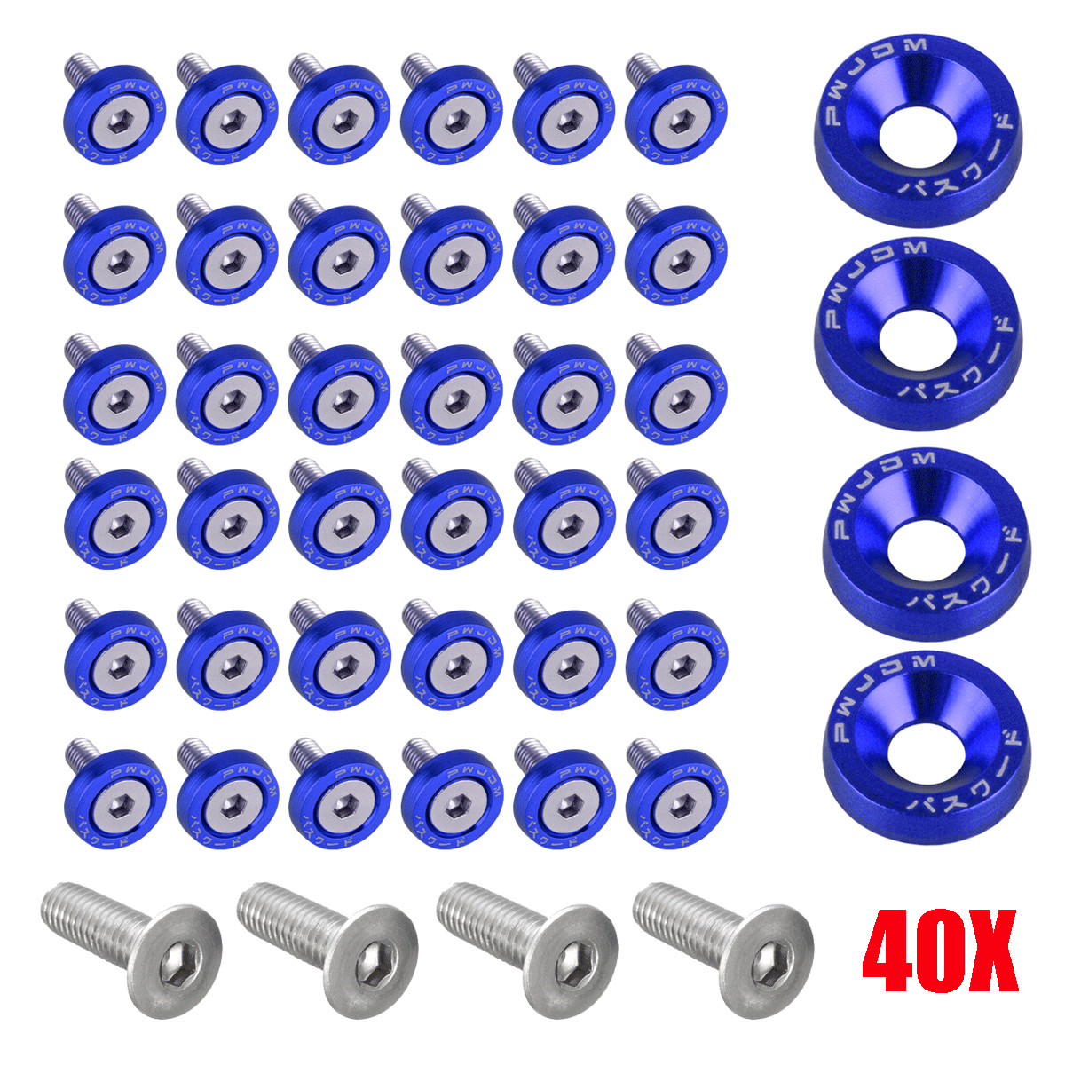 40PCS JDM Billet Aluminum Fender Bumper Washer Bolt Engine Bay Dress Up Kit Blue