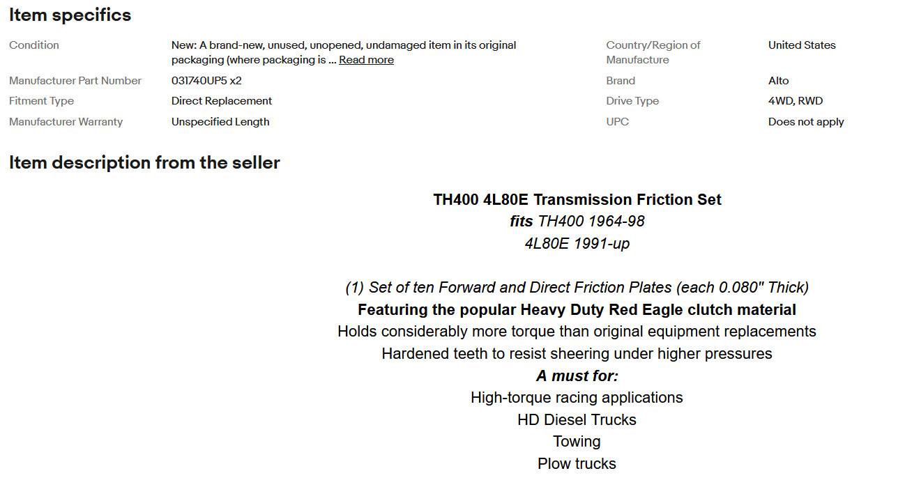 Alto TH400 4L80E Red Eagle Forward or Direct Clutch Friction 10 pcs Heavy Duty