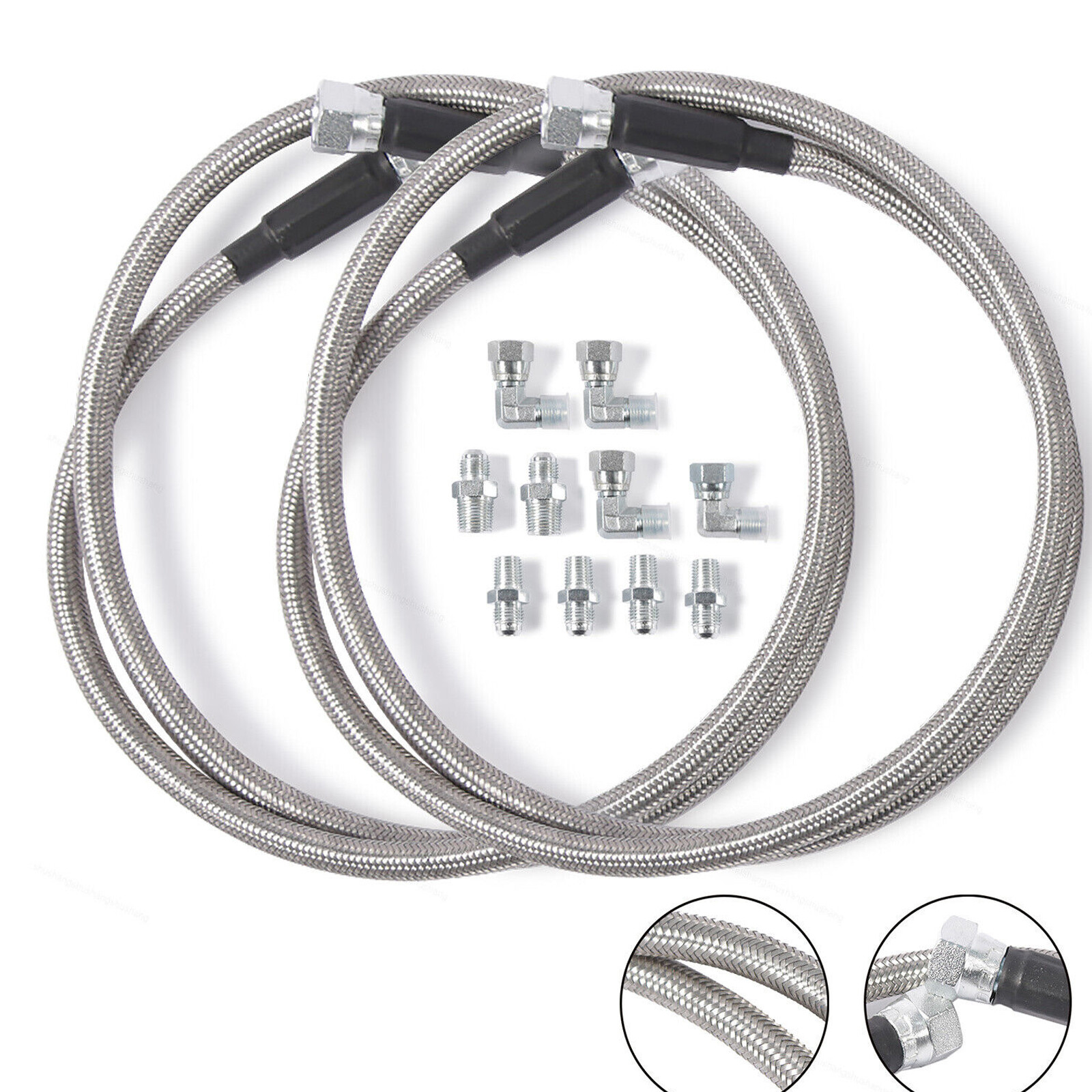 52” Length SS Braided Transmission Cooler Hoses Fittings For TH350 700R4 TH400