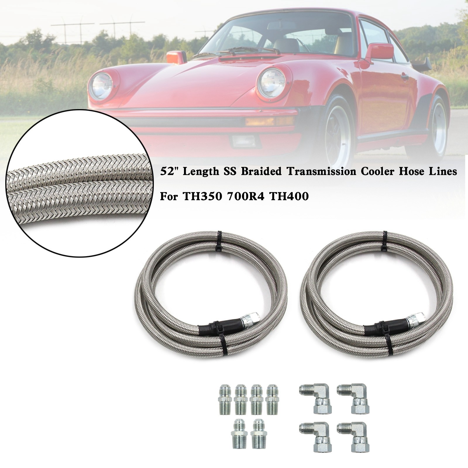 52″ Length SS Braided Transmission Cooler Hose Lines Fits TH350 700R4 TH400