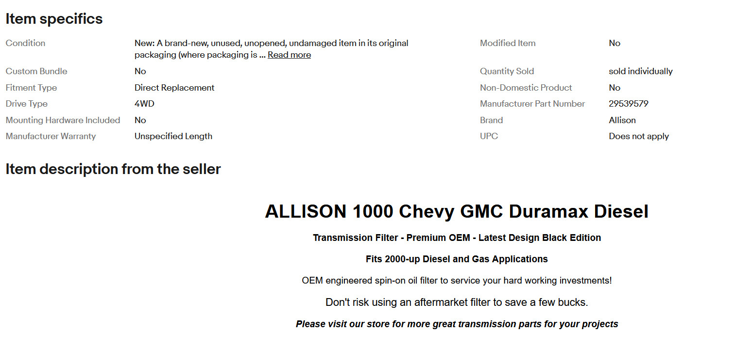 2000-up Allison Transmission LCT1000 OEM Oil Filter Chevy GMC Duramax Diesel