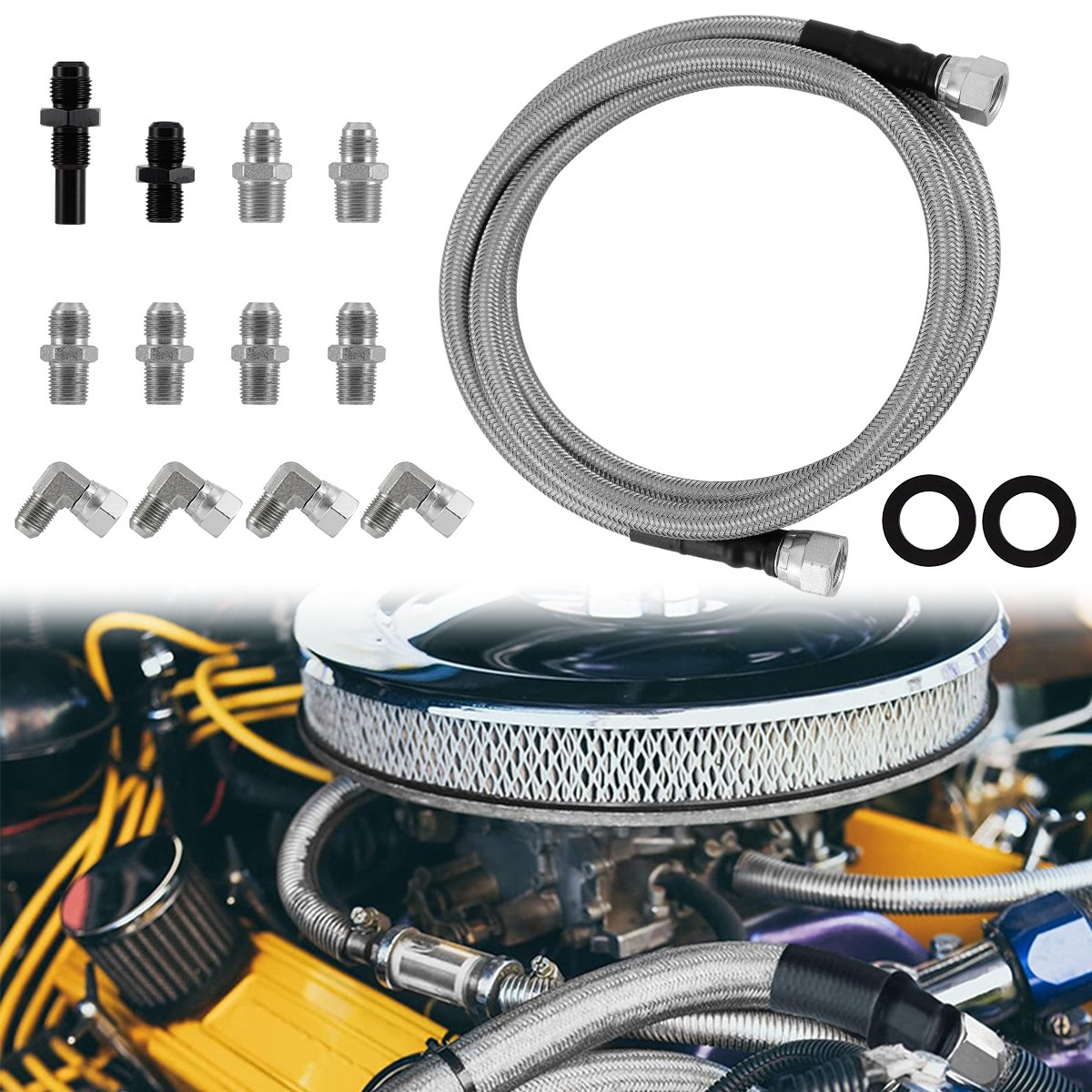 70″ 6AN SS Braided Transmission Cooler Hose Lines Kit for GM 4L60E 4L80E TH350