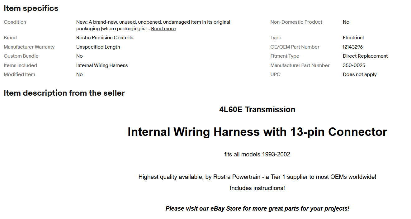 4L60E 4L65E Transmission Internal Wiring Harness with 13 Pin Connector 1993-2002
