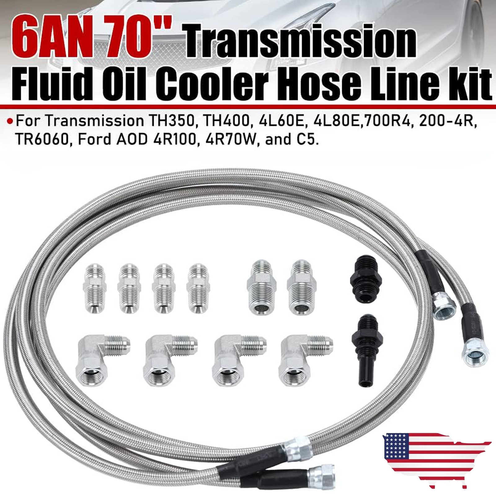 6AN 70″ Transmission Fluid Oil Cooler Hose Line kit for GM Chevy 4L80E TH350