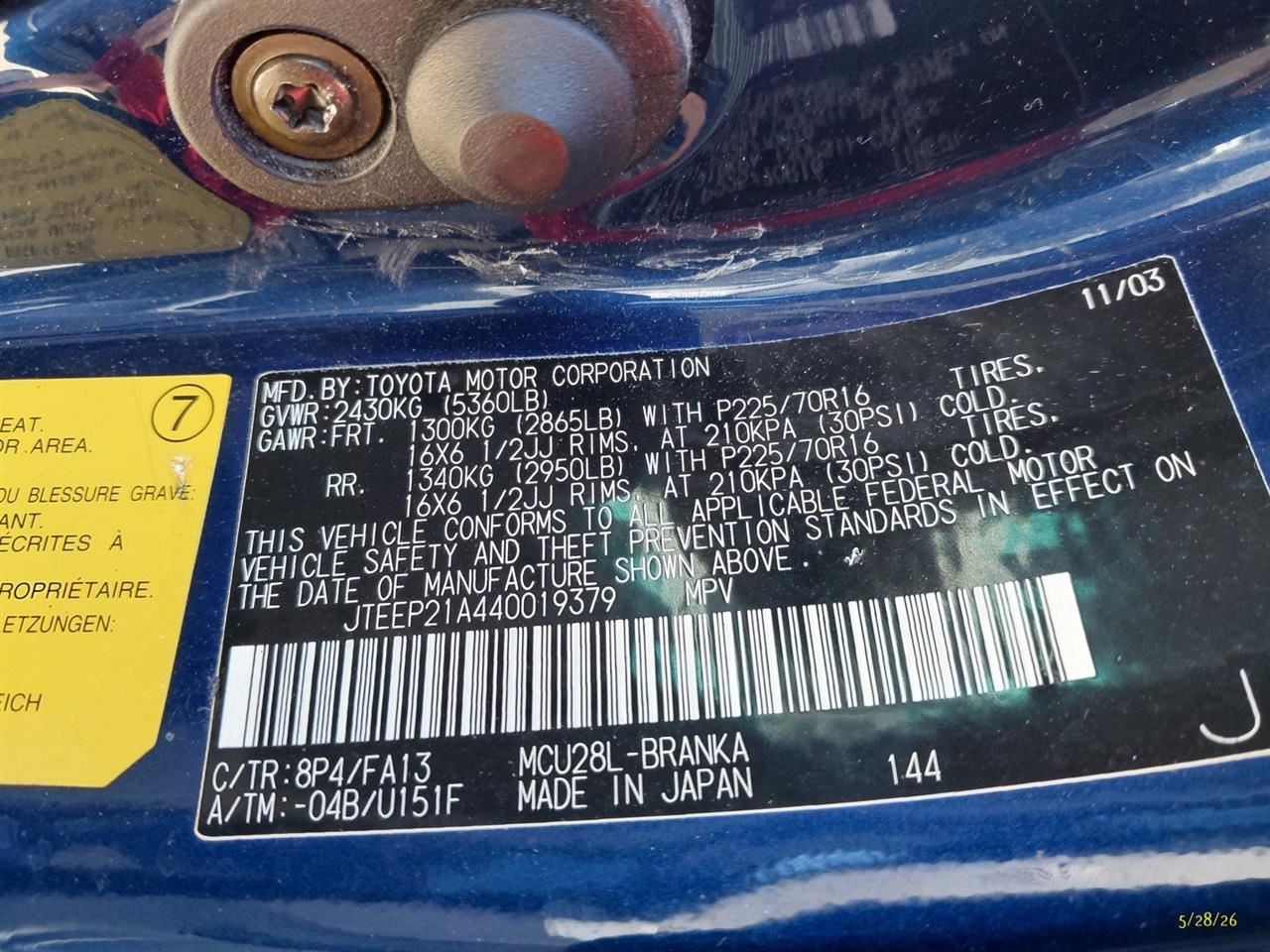 Automatic Transmission 3.3L VIN P 5th Digit 4WD Fits 04-07 HIGHLANDER 3735183