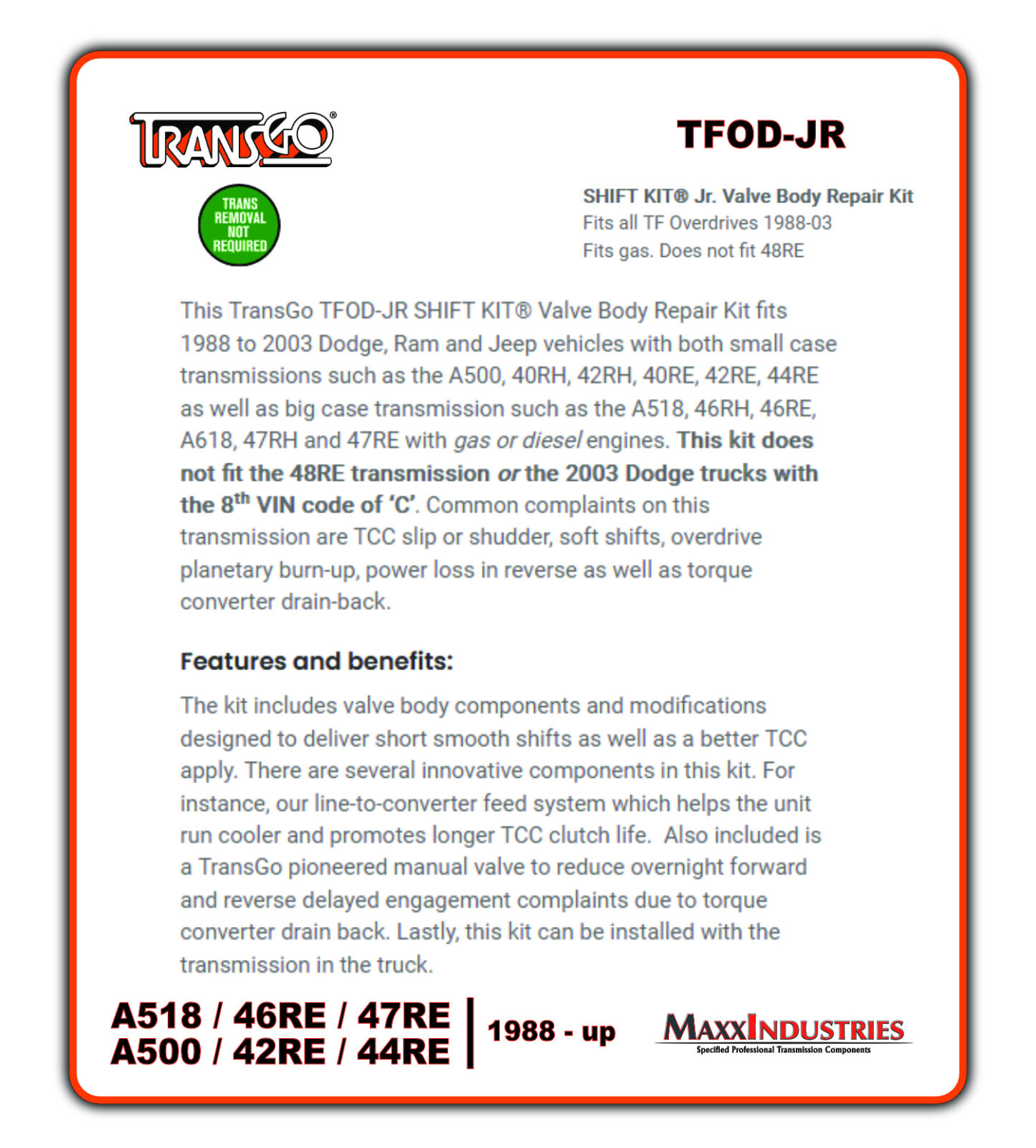 Transgo Shift Kit (SK TFOD-JR), Chrysler 46RH 42RE A500 A518 A618 (1988-2003)