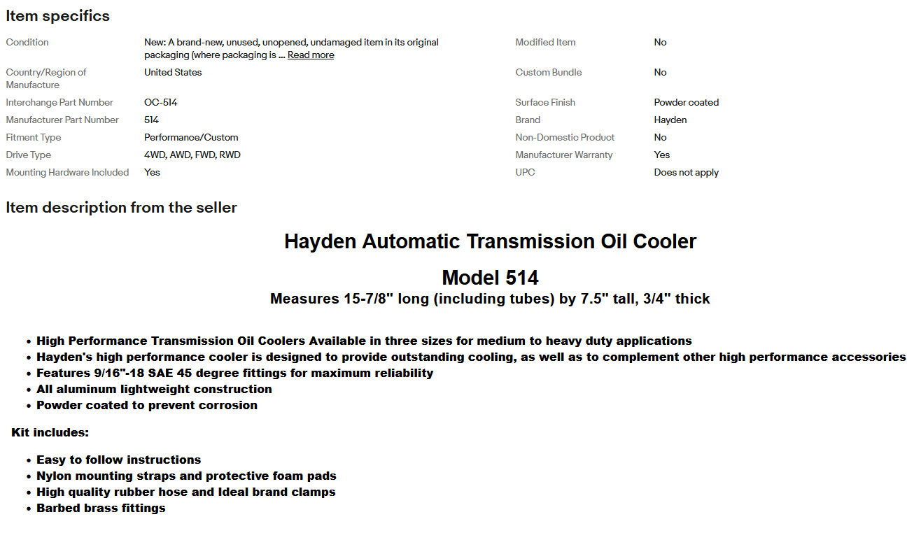 Hayden 514 High Performance Transmission Cooler