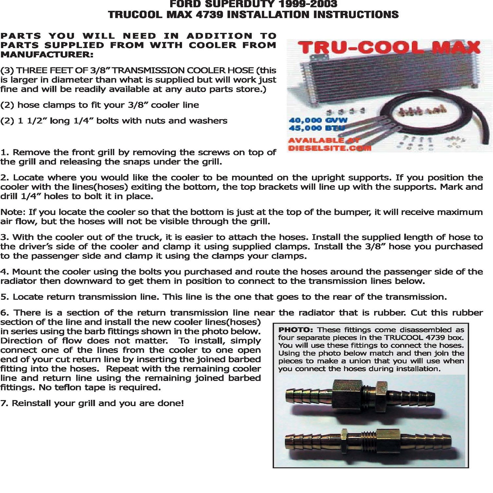 Tru Cool 40K Transmission Cooler Transmission Oil CoolerGVW Max 40,000 LPD47391