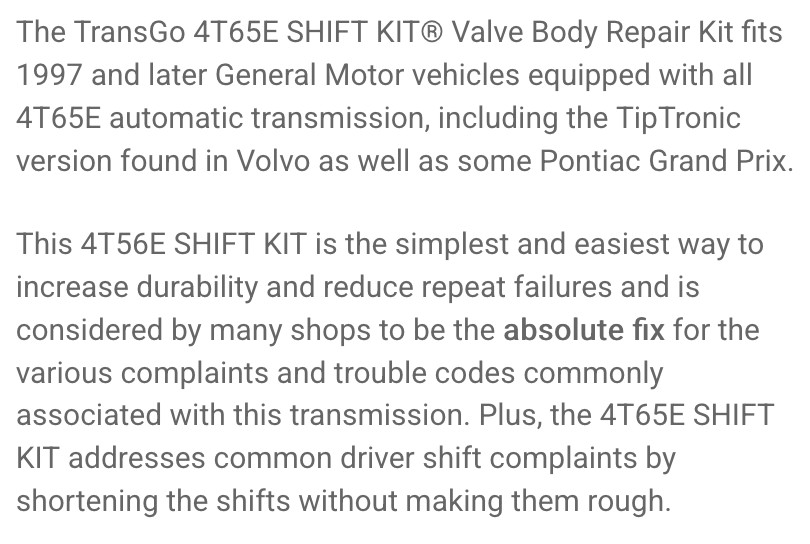 TransGo SK 4T65E Transmission Rebuild Valve Body Repair Shift Kit 4T65E 1997+