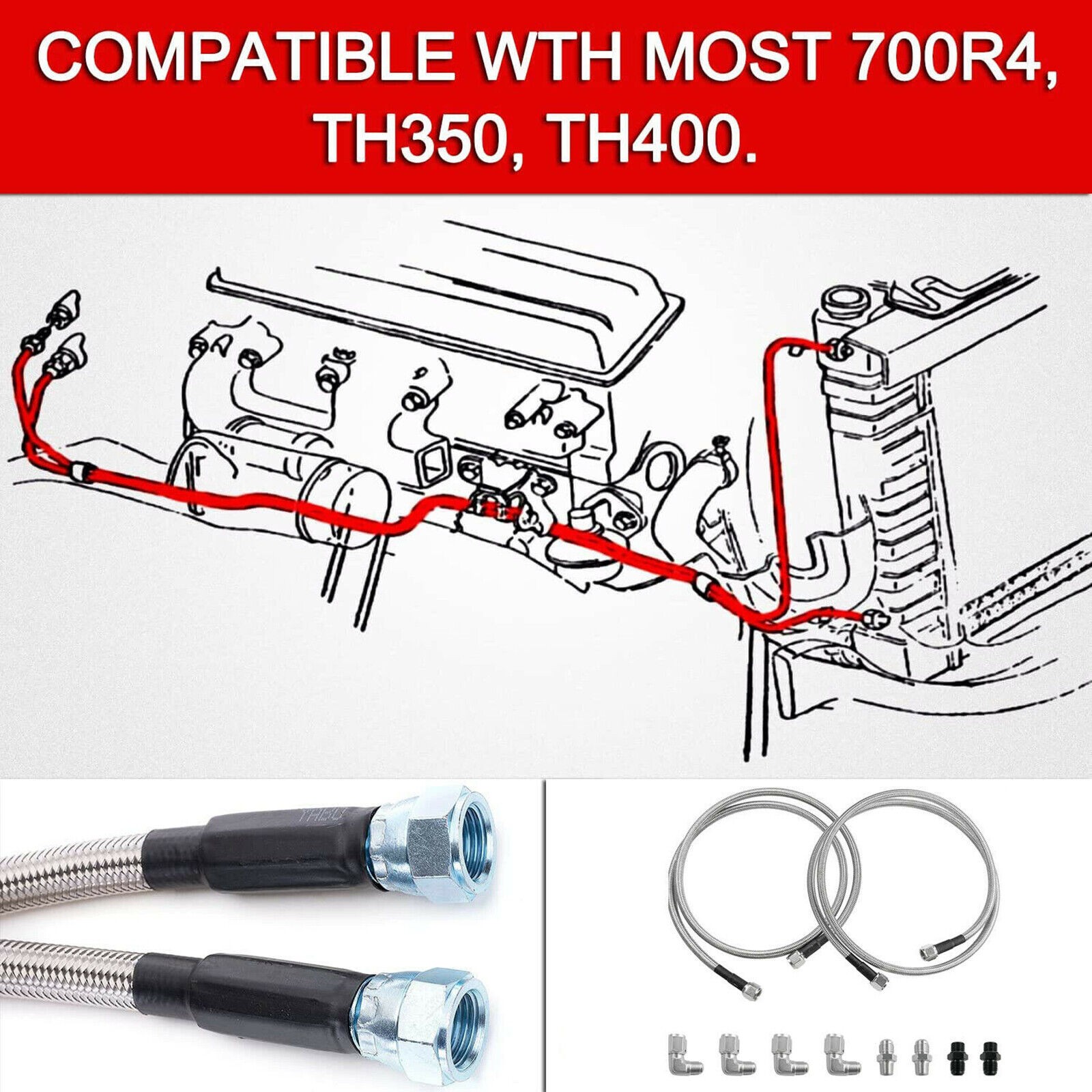 Automatic Transmission Cooler Line Kit For GM 4L60E 4L65E 1/4″ NPT -6AN Radiator