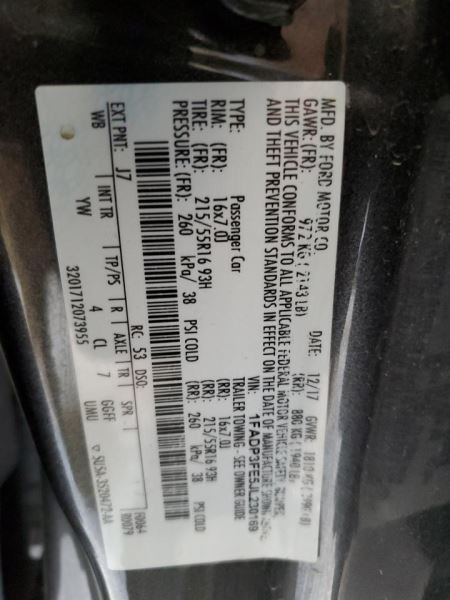 2016-18 FORD FOCUS Automatic Transmission Gasoline 1.0L VIN E 8th Digit F1FZ7000
