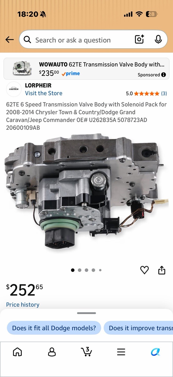 62TE 6 Speed Transmission Valve Body with Solenoid Pack for 2008-2014 Chrysler